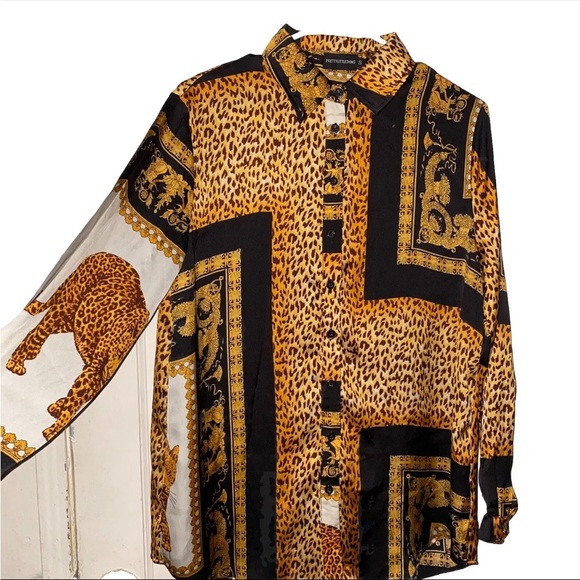 Pretty Little Thing BlackGold Leopard Women Small ButtonUp Dress Shirt Mob Wives - Picture 3 of 10
